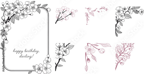 Elegant floral frame and corner flower line art set for decorative design, minimal vector illustration for invitations and templates