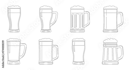 Collection of diverse beer glasses and mugs sketched outline isolated for beverage design vector