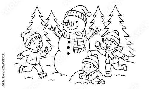 Playful winter fun: children enjoying a snow day with snowman and snowballs