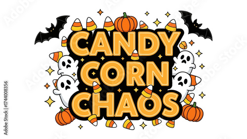 Candy Corn Chaos: A whimsical design of Halloween, featuring festive elements in a vibrant and playful arrangement that brings the spirit of spooky season.