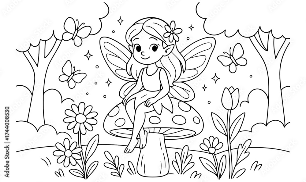 Fototapeta premium Cute fairy on mushroom with butterflies in magical forest coloring page