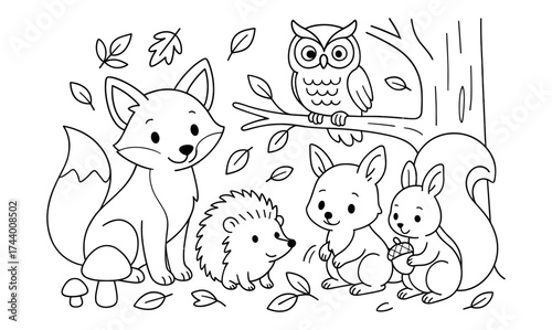 Cute forest animals outline: fox, owl, hedgehog, and siblings in a charming woodland scene