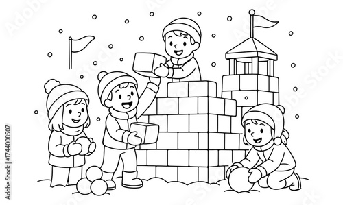 Kids building a snow fort in winter wonderland outline drawing