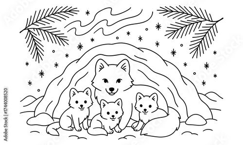 Arctic fox family in winter landscape with northern lights and snowflakes