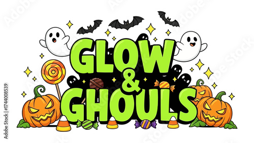 Glow & Ghouls Halloween Illustration: Spooky pumpkins, candy corn, and ghostly apparitions gather for a fun and festive celebration of All Hallows' Eve.
