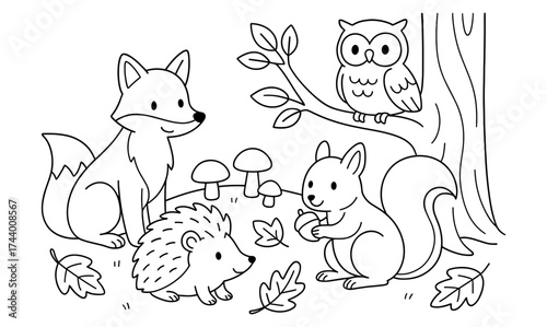 Black and white woodland scene: cute forest animals in simple line art