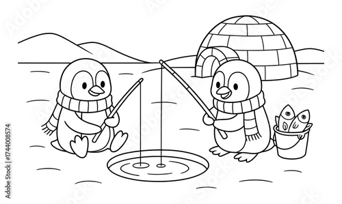 Cute penguins ice fishing near igloo in winter landscape coloring page