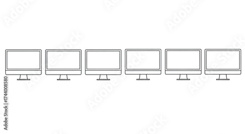 Row of six modern flat-screen computer monitors displayed in a line with stands vector