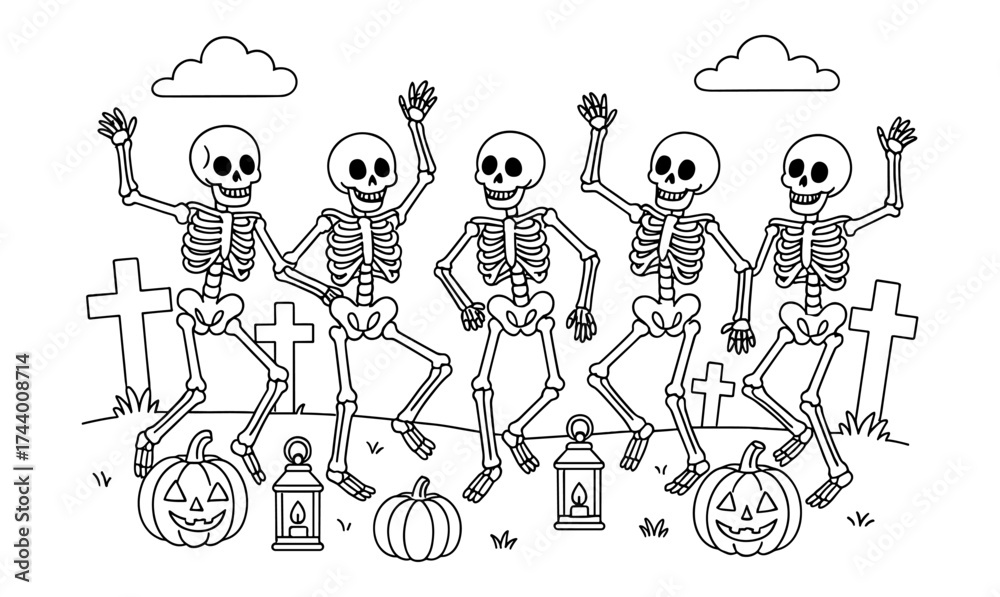 Obraz premium Dancing skeletons in a graveyard with pumpkins and lanterns in black and white