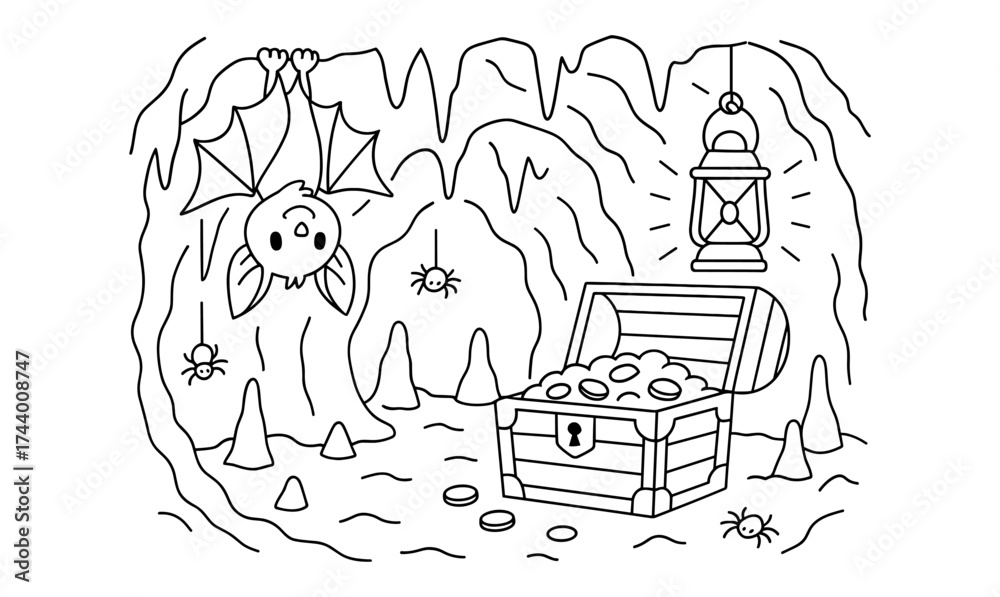 Obraz premium Treasure cave adventure: bat and chest in a mysterious grotto