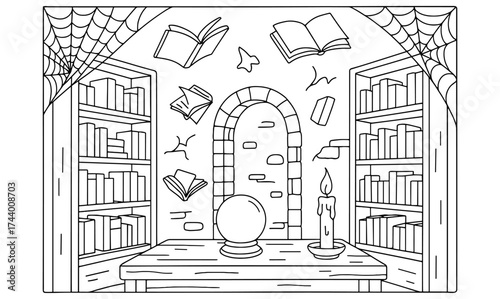 Mystical library with floating books and crystal ball in gothic room