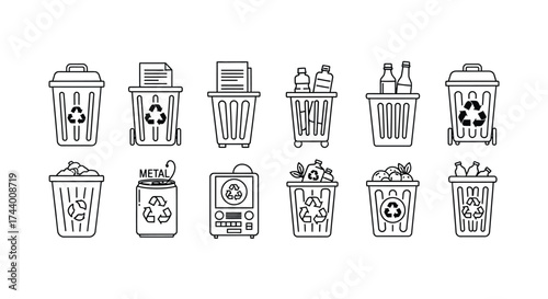 Set of recycle bins with various trash and recycling symbols hand drawn style vector