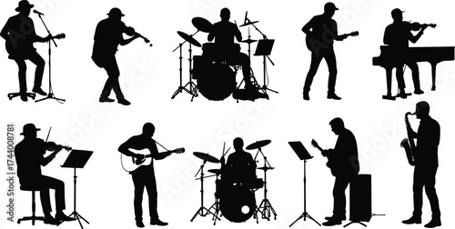 Band musician black silhouette vector illustration with drummer, guitarist, violinist, pianist, and saxophone player performing live concert music artwork