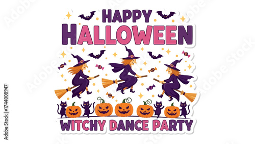 Spooky Halloween Witchy Dance Party: A vibrant illustration featuring three dancing witches soaring on broomsticks under a spooky night sky.