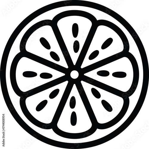 Black and White Outline of a Citrus Fruit Slice lemon