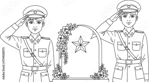 Memorial day coloring page soldiers saluting tombstone flowers