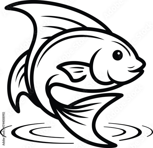 Black and white illustration of a leaping fish jumping