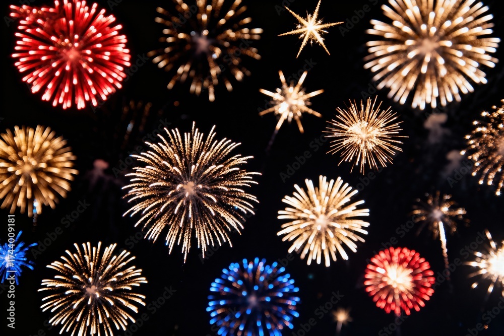Fototapeta premium A vibrant display of colorful fireworks bursting against a dark night sky, creating a celebratory atmosphere.
