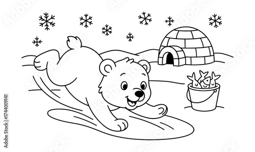 Playful polar bear sliding in snowy winter scene with igloo and fish