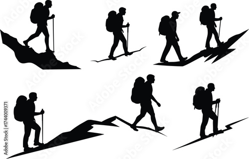 Hiker silhouettes, trekking poles, mountain climbing, outdoor adventure, backpack travel, rocky path