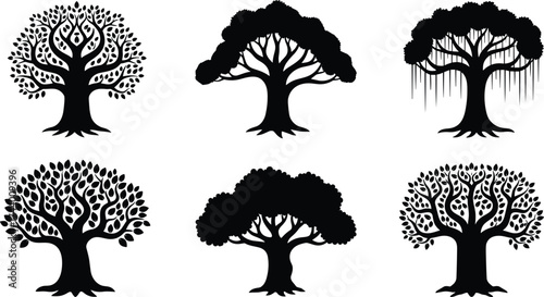 Stylized tree silhouettes, artistic forest designs, swirling branches, tropical canopy shapes, abstract foliage patterns, decorative botanical icons, black vector illustration, landscape elements