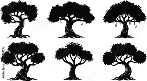 Stylized tree silhouettes, artistic forest designs, swirling branches, tropical canopy shapes, abstract foliage patterns, decorative botanical icons, black vector illustration, landscape elements