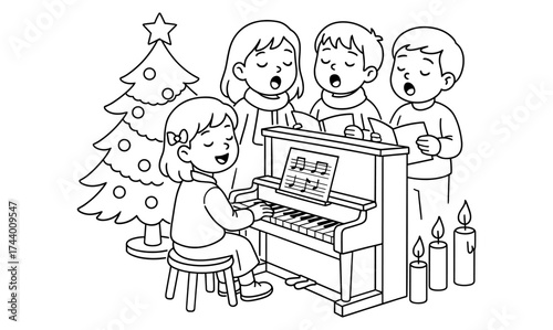 Children singing christmas carols with piano and tree in festive black and white line art