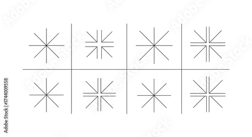 Abstract geometric snowflake starburst patterns arranged in a tic-tac-toe grid design vector
