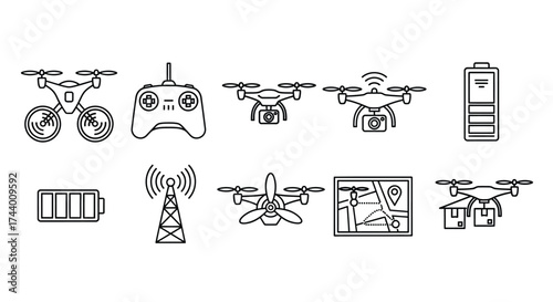 Collection of drone icons and symbols for technology and aerial photography applications vector