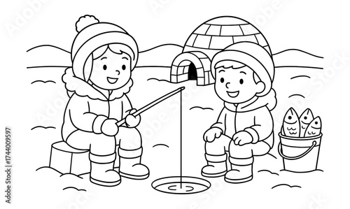 Cute kids ice fishing near igloo in winter landscape coloring page