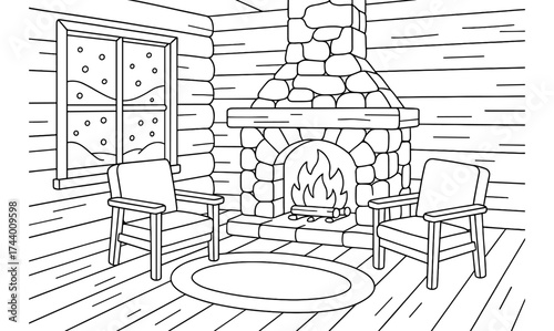 Cozy cabin interior with fireplace and armchairs in winter outline drawing