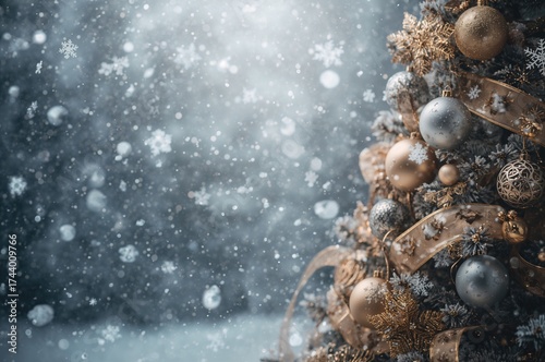 Silver ornaments and snowfl...