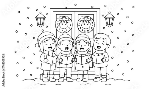 Charming winter coloring page of caroling kids in front of festive door