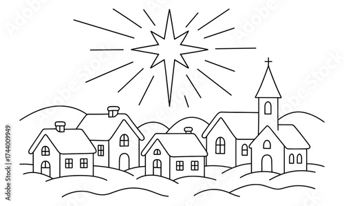 Line art christmas village with starburst and snowy landscape