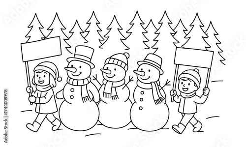 Children and snowmen holding signs in winter forest scene