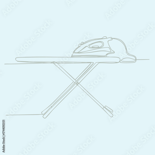 Ironing board with an electric iron resting on top, set against a plain light , emphasizing household chores and domestic tasks