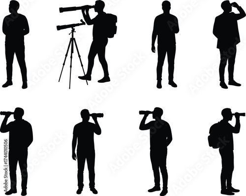 Observation silhouettes vector, people with binoculars illustration, telescope artwork design, bird watching graphic
