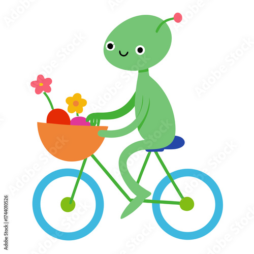 alien riding bicycle with basket full of flowers