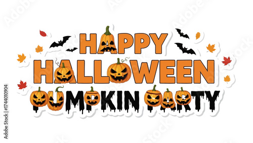 Halloween Pumpkin Party: A vibrant and festive illustration announces Happy Halloween Pumpkin Party, complete with cheerful pumpkins and spooky bat decorations.