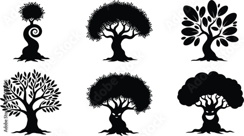 Whimsical tree silhouettes, creative face trunks, anthropomorphic forest characters, fantasy botanical art, decorative nature icons, abstract foliage patterns, playful vector illustration set