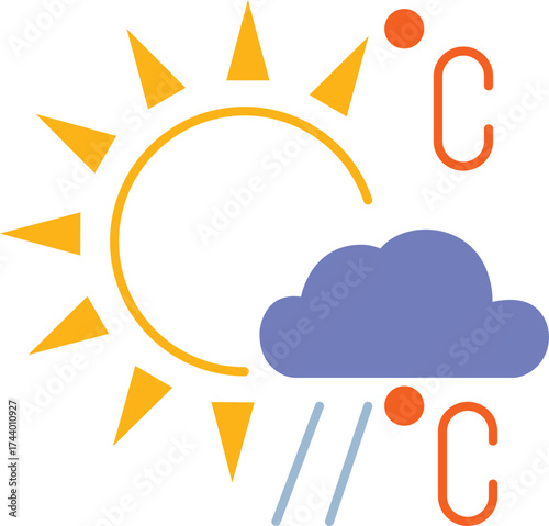 Weather forecast icon with sun, cloud, rain and temperature isolated on transparent background symbol of meteorology, climate, and weather conditions vector illustration