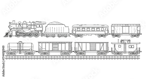 Vintage train carriages and locomotive detailed outline drawing transportation history vector
