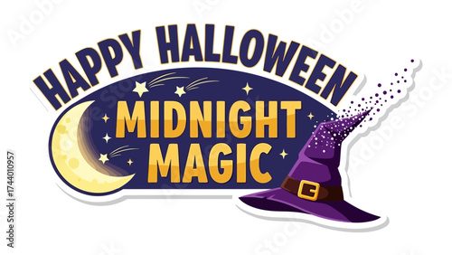Happy Halloween Midnight Magic: A spellbinding invitation to a night of enchantment featuring a crescent moon, witch hat, stars and a touch of midnight magic.
