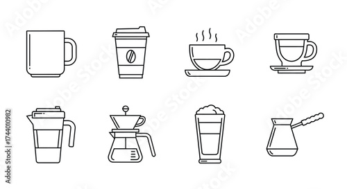 Collection of stylized coffee drink icons and brewing equipment for cafe and beverage themes vector