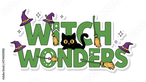 Witch Wonders Illustration: A playful illustration featuring a black cat nestled amongst witch hats and brooms, spelling out Witch Wonders in whimsical lettering.