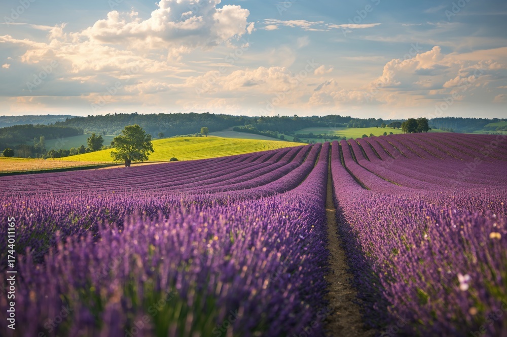 Obraz premium Beautiful scenery featuring a vast lavender field with a shallow depth of field