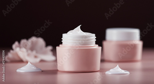 A luxurious cream in a glass jar sits on a marble surface.