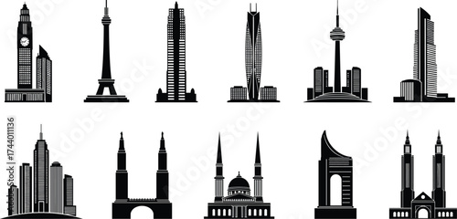 World architecture silhouettes, iconic towers skyscrapers domes spires monuments landmarks, global building illustration set for cultural heritage and city design