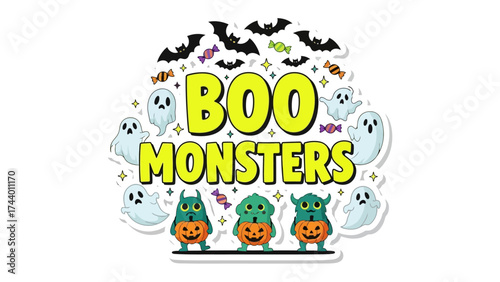 Spooky Boo Monsters: A playful illustration featuring a cluster of adorable monsters, bats, and ghosts to create a festive Halloween vibe.