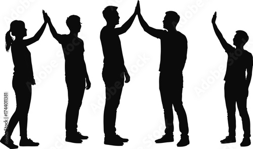 People silhouettes vector, teamwork celebration illustration, high five gesture artwork, friendship concept design, social connection graphic, unity poses, cad drawing flat vector